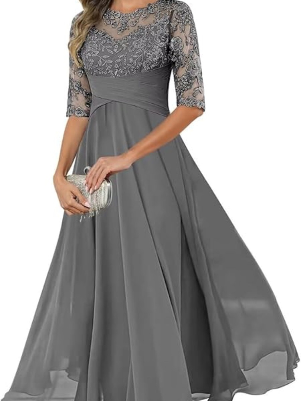 Elegant Gray Lace Bodice A-Line Wedding Dress